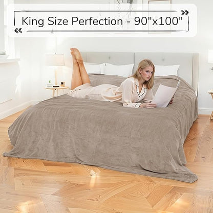 Electric Heated Blanket King Size 90"x100" - Dual-Sided with Microplush & Sherpa Fabric, 4 Heat Settings & 10 Hours Auto Off, Machine Washable - Light Brown