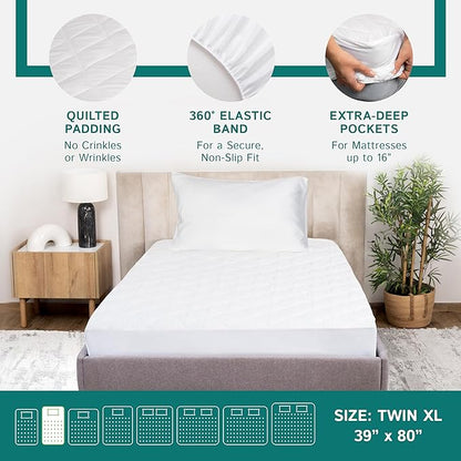 Twin Extra Long (XL) Quilted Mattress Pad - Fitted Waterproof Mattress Protector, Pillow Top Mattress Topper, Premium Quality Hypoallergenic Mattress Cover