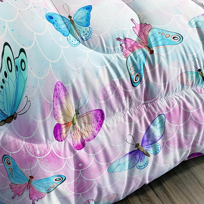 Rainbow Butterfly Comforter Set Full Size for Girls Kids Adults Mermaid Scales Pattern Bedding Set Aesthetics Butterflies Quilt Bed Set with 1 Comforter and 2 Pillowcases