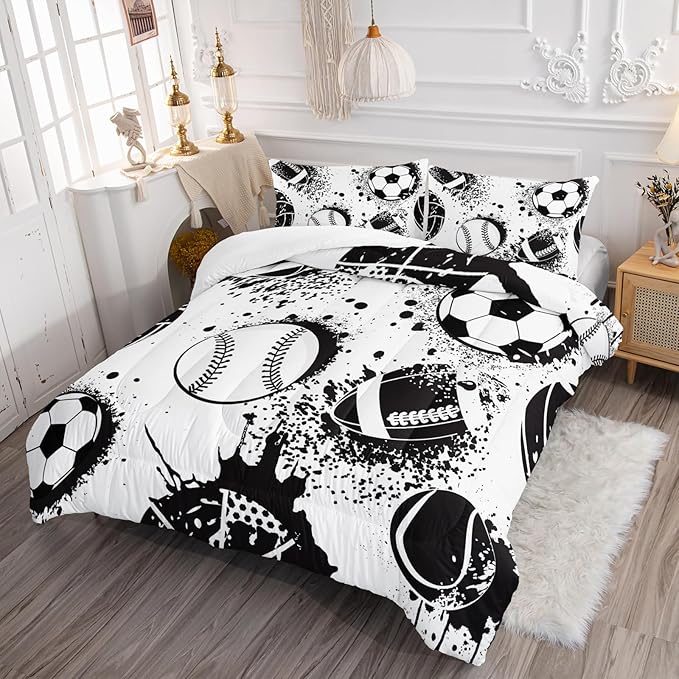 Axolotl Ball Sports Comforter Set, Football Soccer Bedding, Baseball Comforter Set, Hip Hop Graffiti Artwork Bedding for Boys Kids Men, 1 Quilt 2 Pillowcases