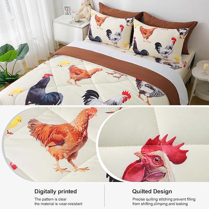 Wajade Chicken Comforter Set 7 Pcs Animal Theme Bedding Set Twin Size for Kids Adults Chicken Quilt Farm Theme Printed Pattern for Thanksgiving Birthday