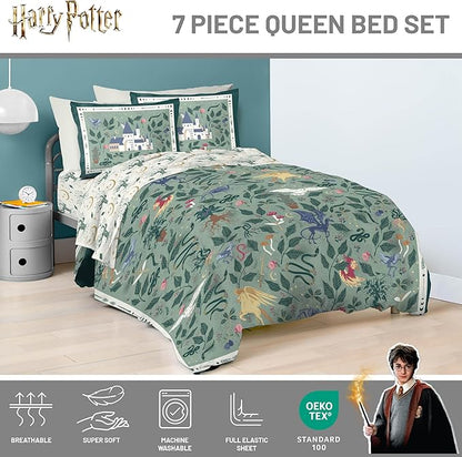 Jay Franco Kids Comforter Set Includes Sheets and Pillow Covers - Soft and Cozy Bed Set for Stylish Room Decor, Official Licensed Product, Green - Harry Potter, 7 Piece Queen