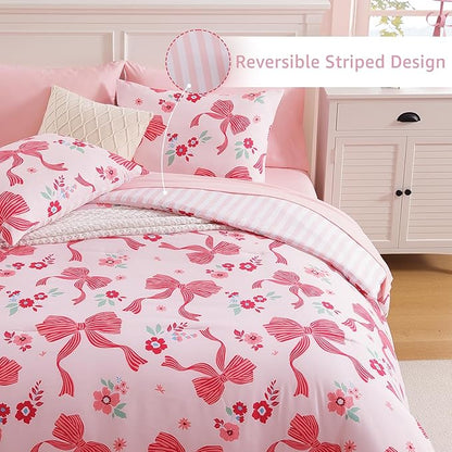 Queen Comforter Set for Girls, Pink Bow Bedding Set with Cute Floral, All Season Kids Bed in a Bag 7 Pieces with Sheets, Pillowcases & Shams