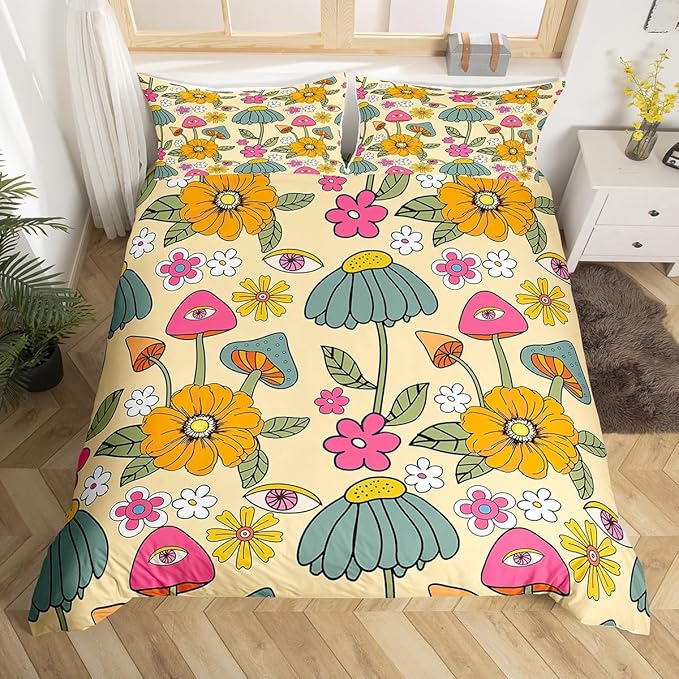 70s Retro Floral Full Size Kids Duvet Cover Set,Hippie Flowers Leaves Bedding Set for Girls Teens Bedroom Decorative ,Cartoon Eyes Mushroom Polyester Quilt Cover with 2 Pillowcases (No Comforter)
