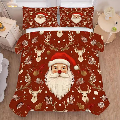 Red Christmas Comforter Set King Size Santa Claus Bedding for Girls Teen Women Xmas Reindeer Holiday Bedroom Quilt Bed Sets, 1 Comforter 2 Pillowcases