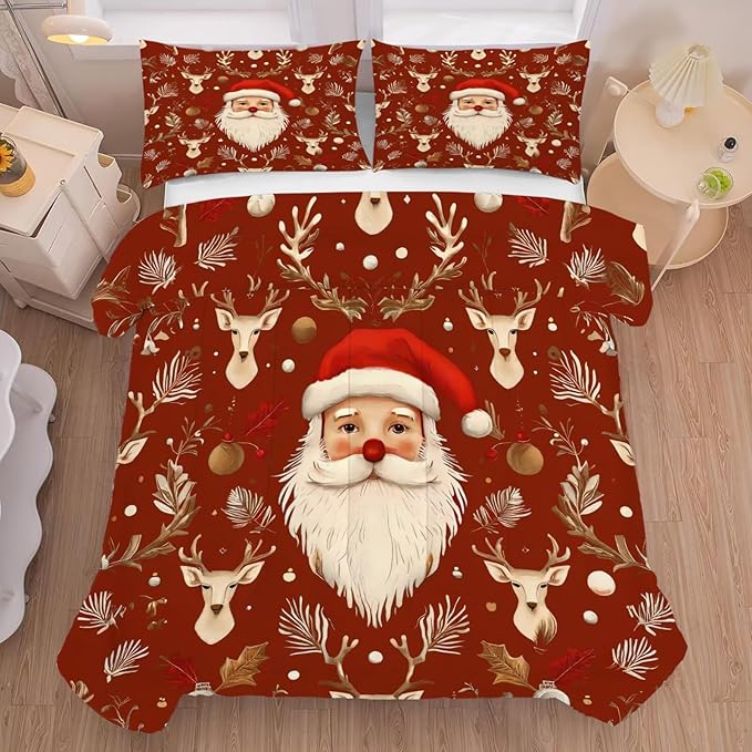 Red Christmas Comforter Set Santa Claus Bedding Full/Queen Size for Kids Girls Women Xmas Reindeer Holiday Bedroom Quilt Bed Sets, 1 Comforter 2 Pillowcases