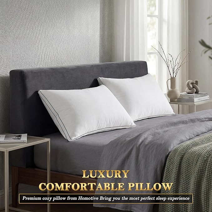 Feather Pillows King Size Set of 2 Goose Down Pillows with 100% Breathable Cotton Cover, Hotel Collection Bed Pillows for Sleeping, Soft Support for Back, Stomach and Side Sleepers