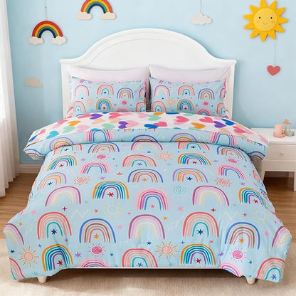 Holawakaka Boho Rainbow Full Comforter Set with Sheets, 5-Piece Bohemian Love Heart Star Bedding Set for Girls & Women - Super Soft Microfiber Kids Teen-Girls Full Size Blue Reversible Bed in A Bag
