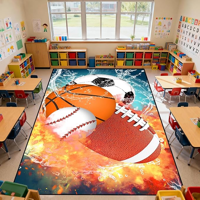 Basketball Rug 6'x9' - Basketball Rug for Boys Bedroom Kids Football Mat Water Fire Sports Rugs Boys Room Soccer Rugs Baseball Carpet for Playroom Living Room Bedroom Decor