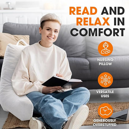 Cheer Collection Reading Pillow with Arms – Portable Bed Pillow for Sitting Up & Support, Hollow Fiber-Filled Back Rest Pillow for Sitting in Bed & Couch, Machine Washable, White