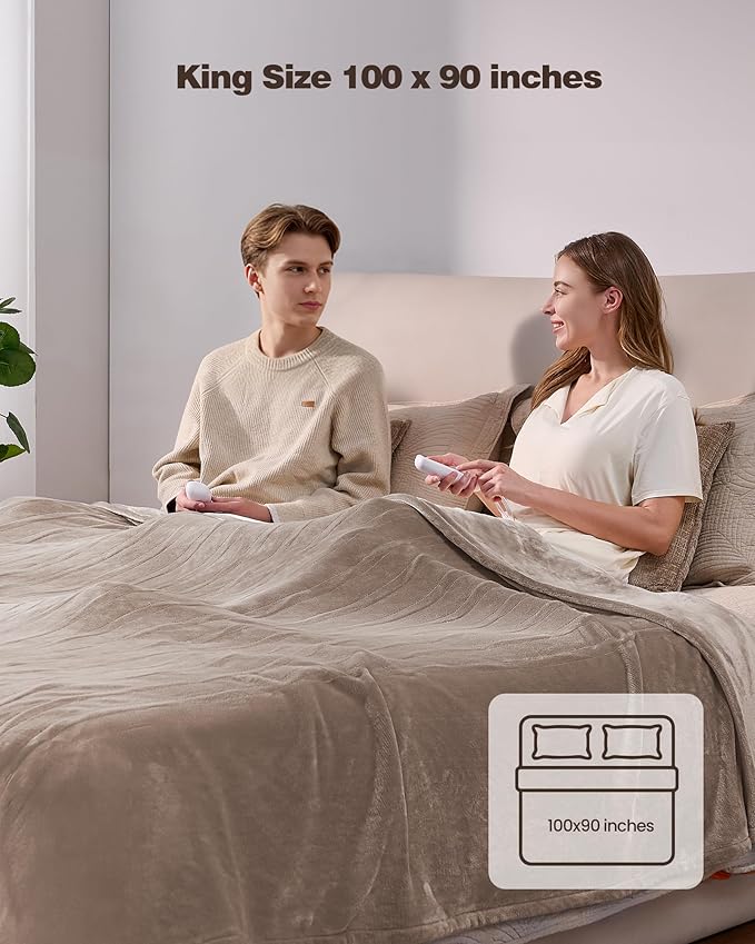 Electric Blanket King with Dual Control-100x90 Soft Double-Sided Flannel Heating Blanket, 9 Heat Levels & 10 Hours Timer Heated Throw, Machine Washable, Gift for Mom Dad - Camel