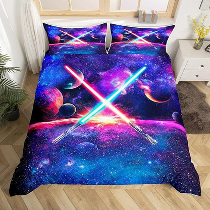 Lightsaber Duvet Cover Set Twin,Galaxy Universe Planet Bedding Set 2pcs for Teens Boys Girls Room Decor,Trippy Star Sky Comforter Cover Watercolor Quilt Cover with 1 Pillowcase,Purple