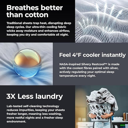 Silvery Restcool™ Silver Infused Bed Sheets Set - Award-Winning Self-Cooling Fabric for Hot Sleepers with Self-Cleaning Silvery Technology™ That Stays Fresh 3X Longer (Gray, Full)