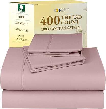 California Design Den Full Sheet Set Cotton - 400 Thread Count Sateen, Natural 100% Cotton Bedding Sheets & Pillowcases, Deep Pockets with All Around Elastic, Soft, Durable - Mauve