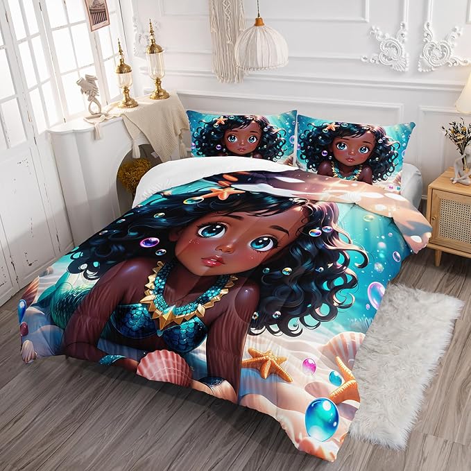 Black Girl Mermaid Comforter Set Full Size, Kawaii Mermaid Bedding Set with Bubble Design for Kids Girl, Ocean Theme Duvet Set with 2 Pillowcases