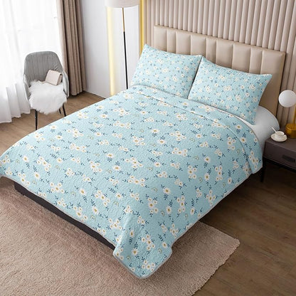 QOOMO Daisy Quilt Set King Size,Rainbow Bedspread Coverlet Set,Floral 3Pcs Bedding Set Printed Quilt with 2 Pillowcases,Soft and Lightweight,for All Seasons