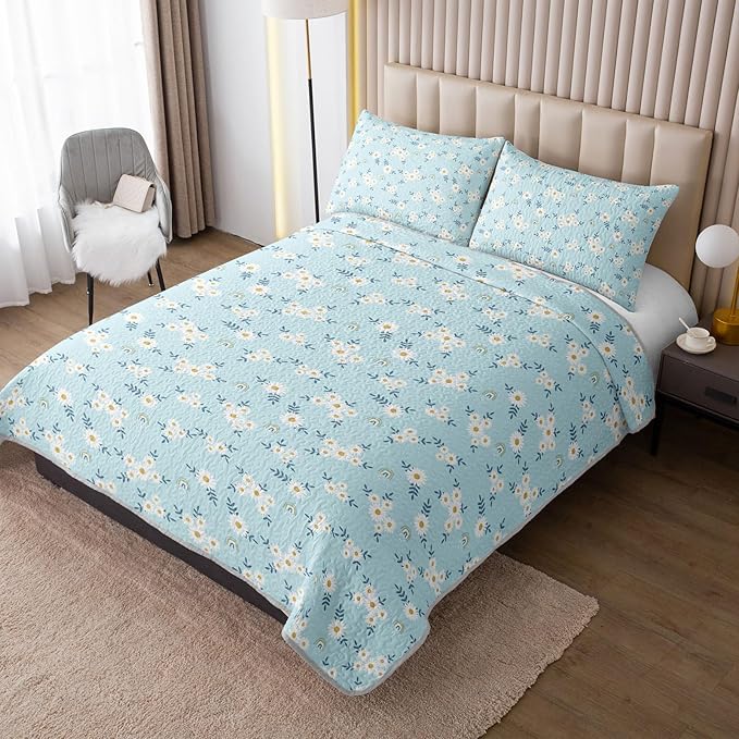 QOOMO Daisy Quilt Set Twin Size,Rainbow Bedspread Coverlet Set,Floral 3Pcs Bedding Set Printed Quilt with 2 Pillowcases,Soft and Lightweight,for All Seasons