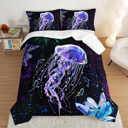 HOSIMA Ocean Theme King Size Comforter Set 3 Piece,Deep Sea Treasure Crystals Jellyfish Comforter Preppy Bedding Set,Dreamy Marine Life Colored Ink Comforter Galaxy Bedding.