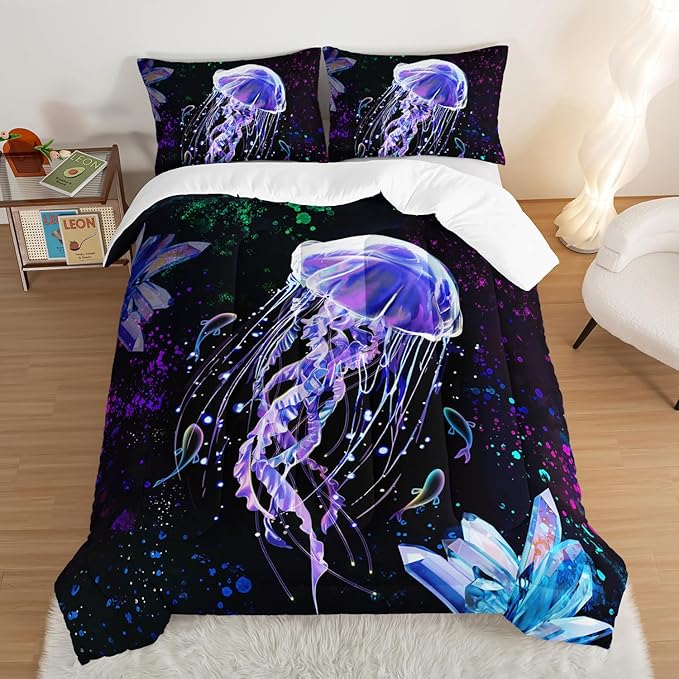 HOSIMA Ocean Theme Comforter 3 Piece,Deep Sea Treasure Crystals Jellyfish Comforter Full Size Bed in a Bag Preppy Bedding Set,Dreamy Marine Life Colored Ink Comforter Galaxy Bedding.