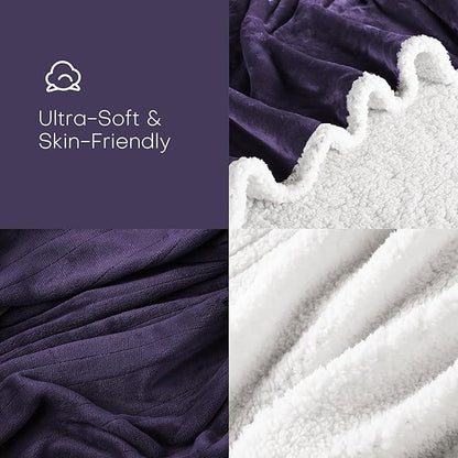 Electric Heated Blanket Full Size 72"x84" - Flannel & Sherpa Fabric Dual-Sided, 6 Heat Settings & 1-10 Hours Auto Off, Soft & Cozy Warming Throw for Home, Office, or Bed, Machine Washable, Purple