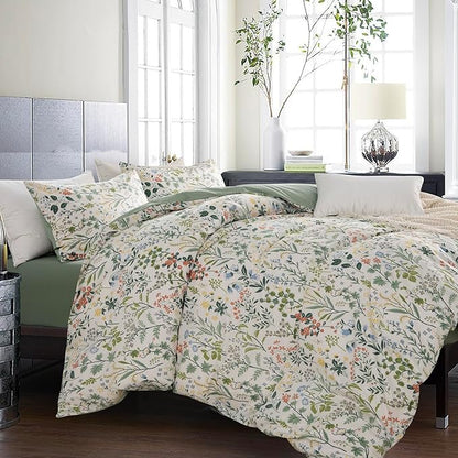 Jane yre Twin Duvet Cover Set Floral Soft Cotton 3 Pieces Bedding Set Chic Floral Garden Fresh Style Green Leaf Twin Flower Duvet Cover with Zipper Closure Luxury Breathable Comfy