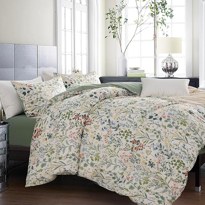 Floral Twin Duvet Cover 100% Soft Cotton 3 Pieces Flower Bedding Set for Girls Fresh Chic Garden Style Green Botanical Floral Pattern Printed Twin Flower Duvet Cover, with Zipper Closure