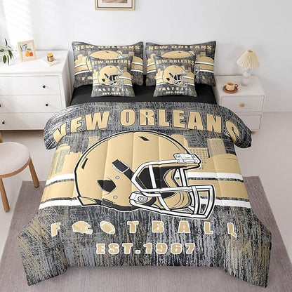 Erosebridal Classic Football City Sports Bedding Set for Boys Men Women Gridiron Bed in A Bag,Rugby Decor City Silhouette Comforter Sets with Sheets Retro Grunge Brown Bed Set Queen