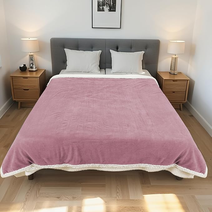 Electric Heated Blanket Throw Size 50"x60" - Dual-Sided with Microplush & Sherpa Fabric, 4 Heat Settings & 3 Hours Auto Off, Machine Washable - Berry