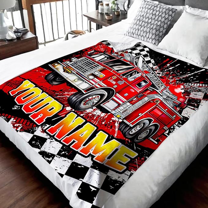 Boys Blanket Gifts Personalized Fire Truck Blankets for Kids Teens Adults - 60" x 80" Custom Name Cool Car Themed Soft Lightweight Flannel Throws for Couch, Sofa, Bedroom Decor