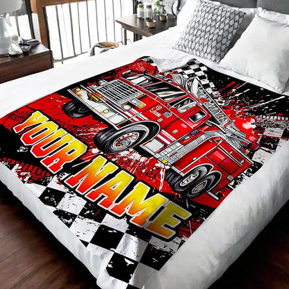 Boys Blanket Gifts Personalized Fire Truck Blankets for Kids Teens Adults - 60" x 80" Custom Name Cool Car Themed Soft Lightweight Flannel Throws for Couch, Sofa, Bedroom Decor