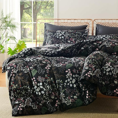 Floral Duvet Cover Queen 3 Pieces Elegant Flower Bedding Set Farmhosue Aesthetic Bedding Soft Microfiber Black Duvet Cover Set with 2 Pillowcases