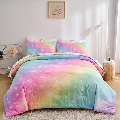 Rainbow Girls Queen Comforter Set with Sheets, 7 Pieces Queen Bed in a Bag with Comforter, Sheets and Pillowcases, Soft Microfiber Pastel Fun Girly Queen Bedding Set for Kids Teens Women