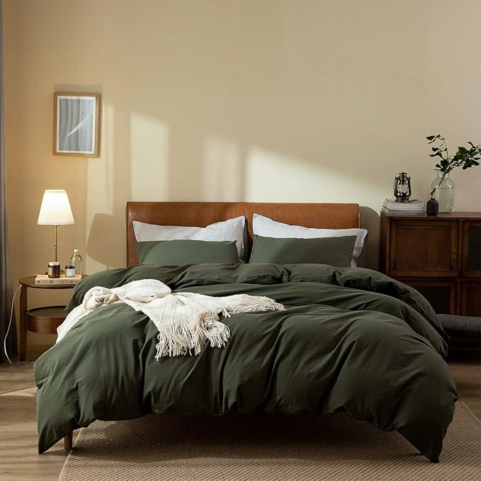 Jane yre Dark Green Duvet Cover King, 100% Washed Cotton Linen Like Textured 3 Pieces Bedding Set, Solid Color Simple Style Luxury Relaxed Feel Natural Wrinkled Breathable Soft Comfy
