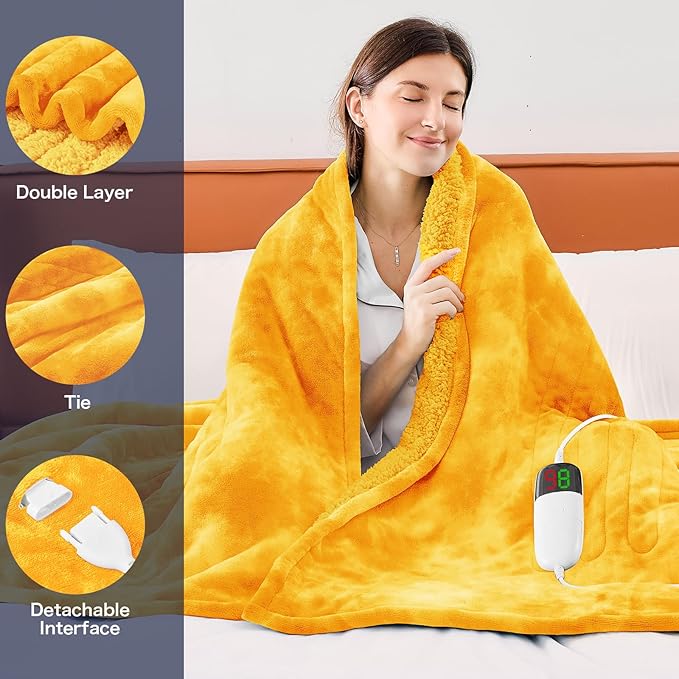 greenoak Heated Electric Blanket Throw, Faux Fur Sherpa Heating Blanket for Sofa Bed, Warm Winter Gifts for Women/Adults, Heater Lap Blankets 5-Position Timer &10 Heating Levels 50''*60" Golden