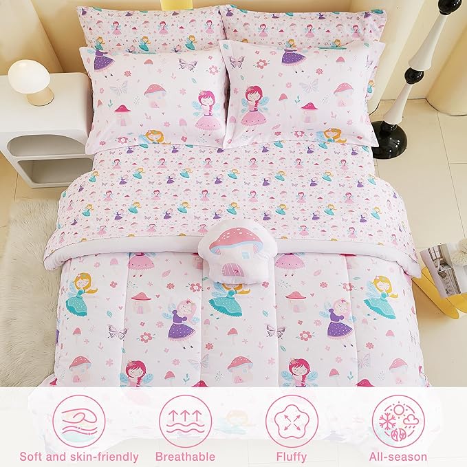 Mooreeke Full Size Comforter Sets for Girls Kids, 8 Pieces Bed in a Bag Pink Fairy Bedding Comforter Sheet Set with Shams and Decorative Toy Pillow, Ultral Soft Microfiber Kids Bed Set