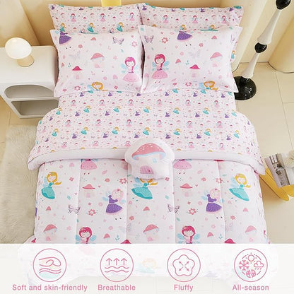 Mooreeke Full Size Comforter Sets for Girls Kids, 8 Pieces Bed in a Bag Pink Fairy Bedding Comforter Sheet Set with Shams and Decorative Toy Pillow, Ultral Soft Microfiber Kids Bed Set
