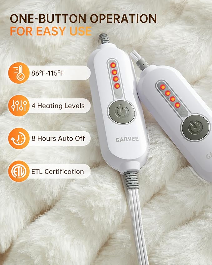 GarveeHome Heated Blanket King, Dual Control Faux Fur Electric Heating Blanket with 4 Heat Settings, Soft Bubble Blanket with 8 Hour Auto-Off & Overheat Protection, for Gifts Home Couch or Bed, White