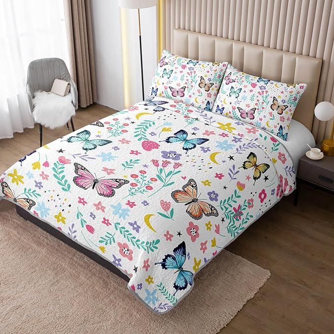 QOOMO Floral Butterfly Quilt Set King Size,Butterflies Bedspread Coverlet Set,Flower 3Pcs Bedding Set Printed Quilt with 2 Pillowcases,Soft and Lightweight,for All Seasons