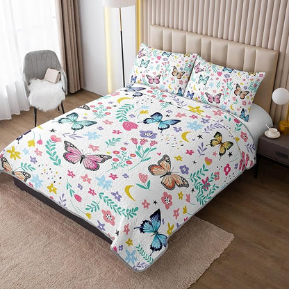 QOOMO Floral Butterfly Quilt Set Full/Queen Size,Butterflies Bedspread Coverlet Set,Flower 3Pcs Bedding Set Printed Quilt with 2 Pillowcases,Soft and Lightweight,for All Seasons