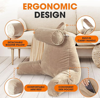 Cheer Collection Reading Pillow Chair - Chair Pillow with Arms and Detachable Neck Bolster for Bed & Couch - Machine Washable, Taupe