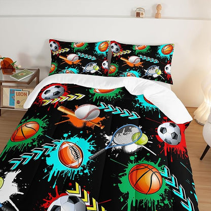 Kids Sports Balls Bedding Twin Comforter Set for Boys,Black Football Basketball Baseball Print Comforter Set for Kids Bedroom Decorate,Sports Themed Bedding Comforter Set with 2 Pillowcases.