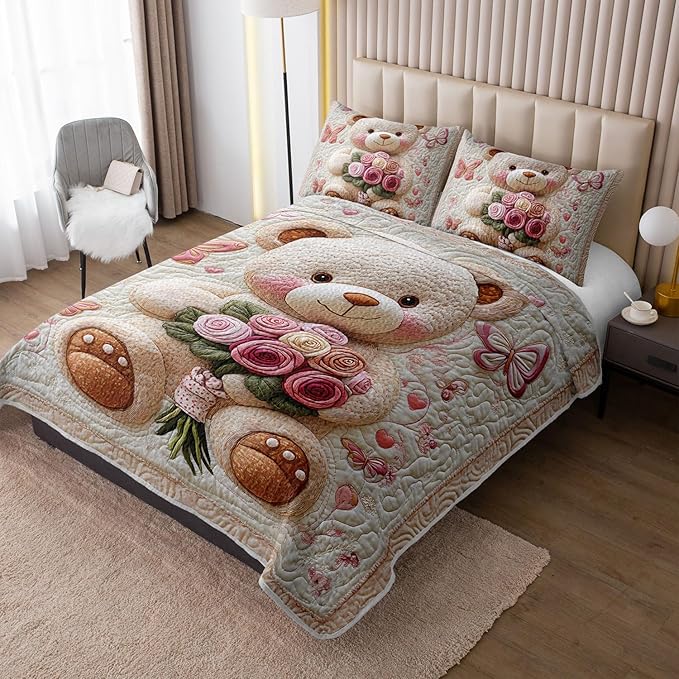 Kawaii White Teddy Bear Quilts Bedding King 3Pcs Cartoon Butterfly Rose Bouquet Bed Set Fantasy Flower Pet Toy Bear Bedspread Coverlet with 2 Pillowcases for Kid Boy Girl Teen Adult Room Decor
