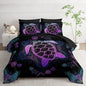 Sea Turtle Comforter Set (7 Piece) - Twin/Queen Size, Black Bedding, Teal Purple Ocean Theme, Soft Microfiber, Sheets Included