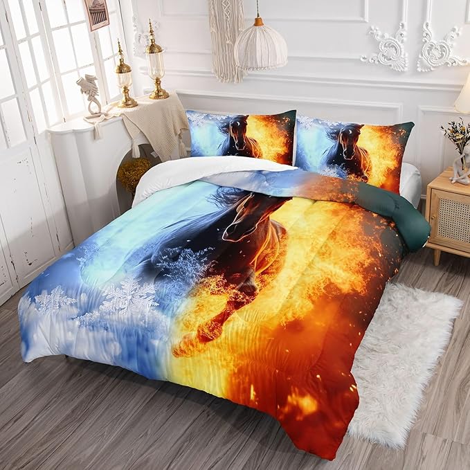 3D Horse Comforter Set Fire Ice Printed Bedding Set with 1 Comforter and 2 Pillowcases for Boys and Girls Bedroom All Season(Horse Twin)