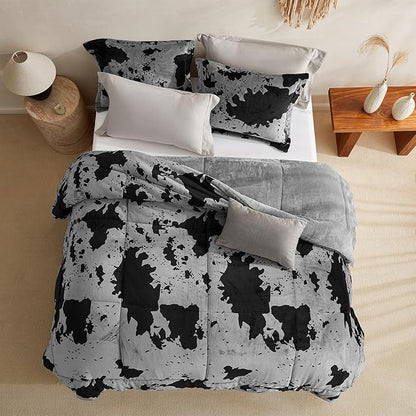 Petrichor Velvet Flannel Queen Comforter Set-Cow Print Western Style Blanket,Luxury Fuzzy Heavy Bedding Set, 3 Pieces Plush Winter Bed Set with Comforter (90"x90") & 2 Pillow Shams (20"x26")
