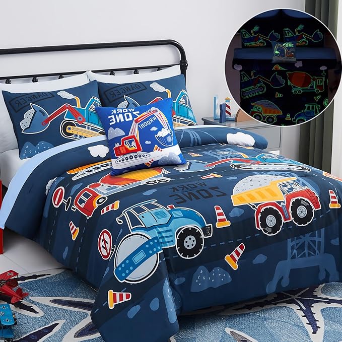 Kids Comforter Set Full Size for Boys, Glow in The Dark Truck Bedding Set 1 Comforter, 1 Decor Pillow, 2 Pillow Shams