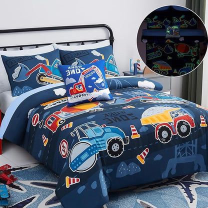 Kids Comforter Set Full Size for Boys, Glow in The Dark Truck Bedding Set 1 Comforter, 1 Decor Pillow, 2 Pillow Shams