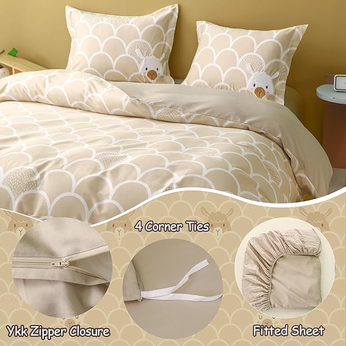 Simple&Opulence 100% Organic Cotton Duvet Cover for Kids Teens, 4 Pieces Soft Comforter Cover with Zipper Closure Boy Girl Warm Adorable Bedding Set - Alpaca, Full/Queen