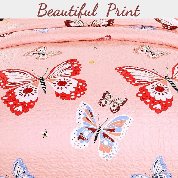 Cozy Line Home Fashions Pink Microfiber Reversible Girls Coverlet Bedspread Quilt Set, Bedspread, Coverlet (Butterflies, Queen - 3 Pieces)