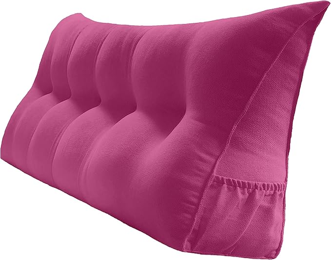 Triangular Reading Bed Rest Pillow Large Bolster Cushion Headboard Backrest Wedge Pillow with Removable Cover and Two Large Side Pockets (Magenta, Queen: 59 x 8 x 20 inches)